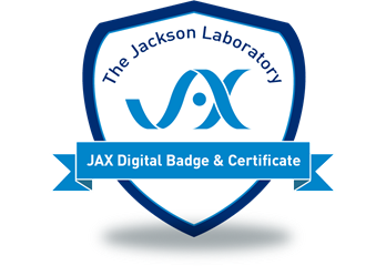 杰克逊实验室（The Jackson Laboratory）的数字徽章用深蓝色勾勒出来，中间是JAX徽标，中间是横幅，上面写着“JAX数字徽章和证书”