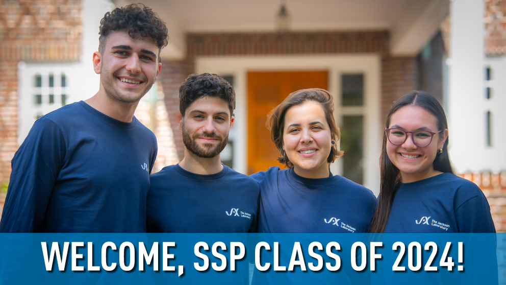  SSP Resident Assistants welcome the Class of 2024 to JAX's Bar Harbor campus. (l to r) Raheem Khadour (SSP ’23), Maximo Kesselhaut (SSP ’19), Aimee Miranda, and Ella von Dohlen (SSP ’23) 